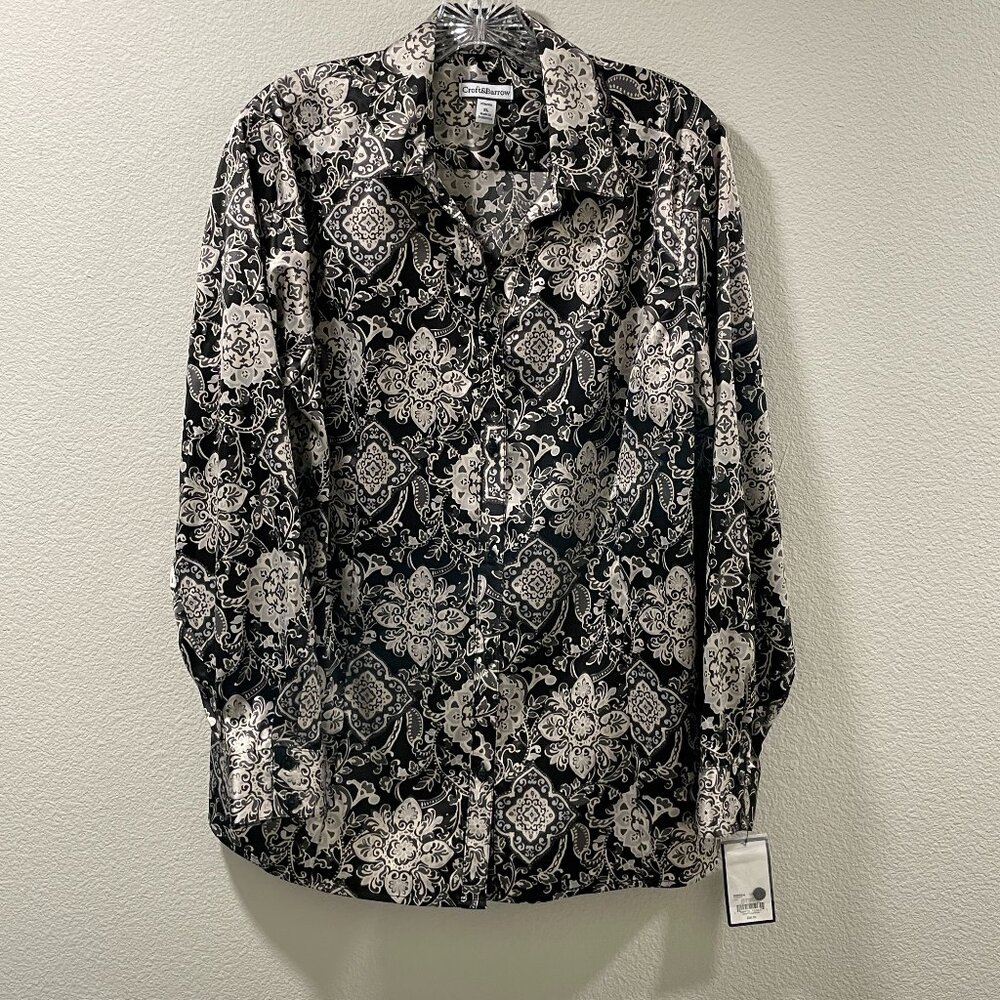CROFT & BARROW Long Sleeve Satin Button Up Paisley Blouse Black/Ivory Women XL
